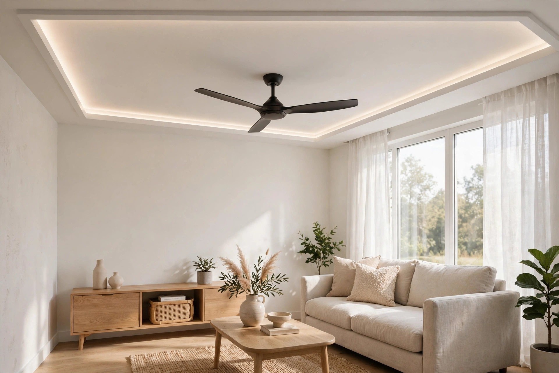 Living room with a low-drop ceiling and a fan on a short downrod