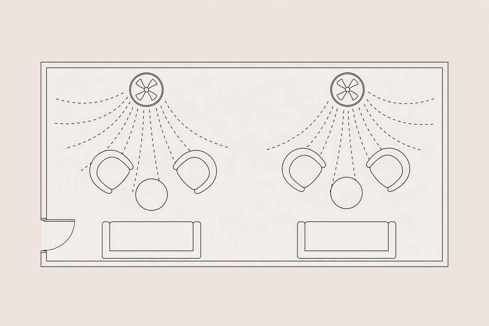 Plan-view diagram showing fan positions aligned with seating zones in a living room