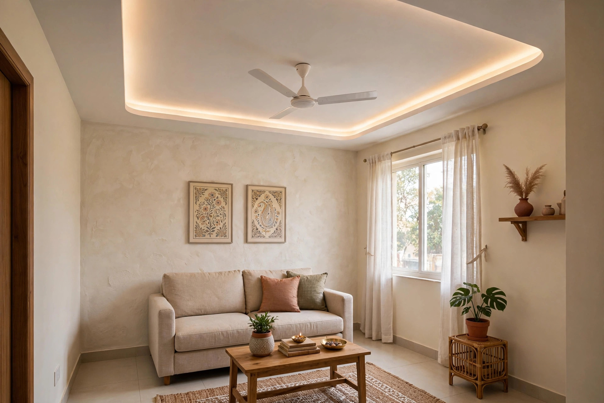 Small living room with a slim border ceiling and a centred ceiling fan