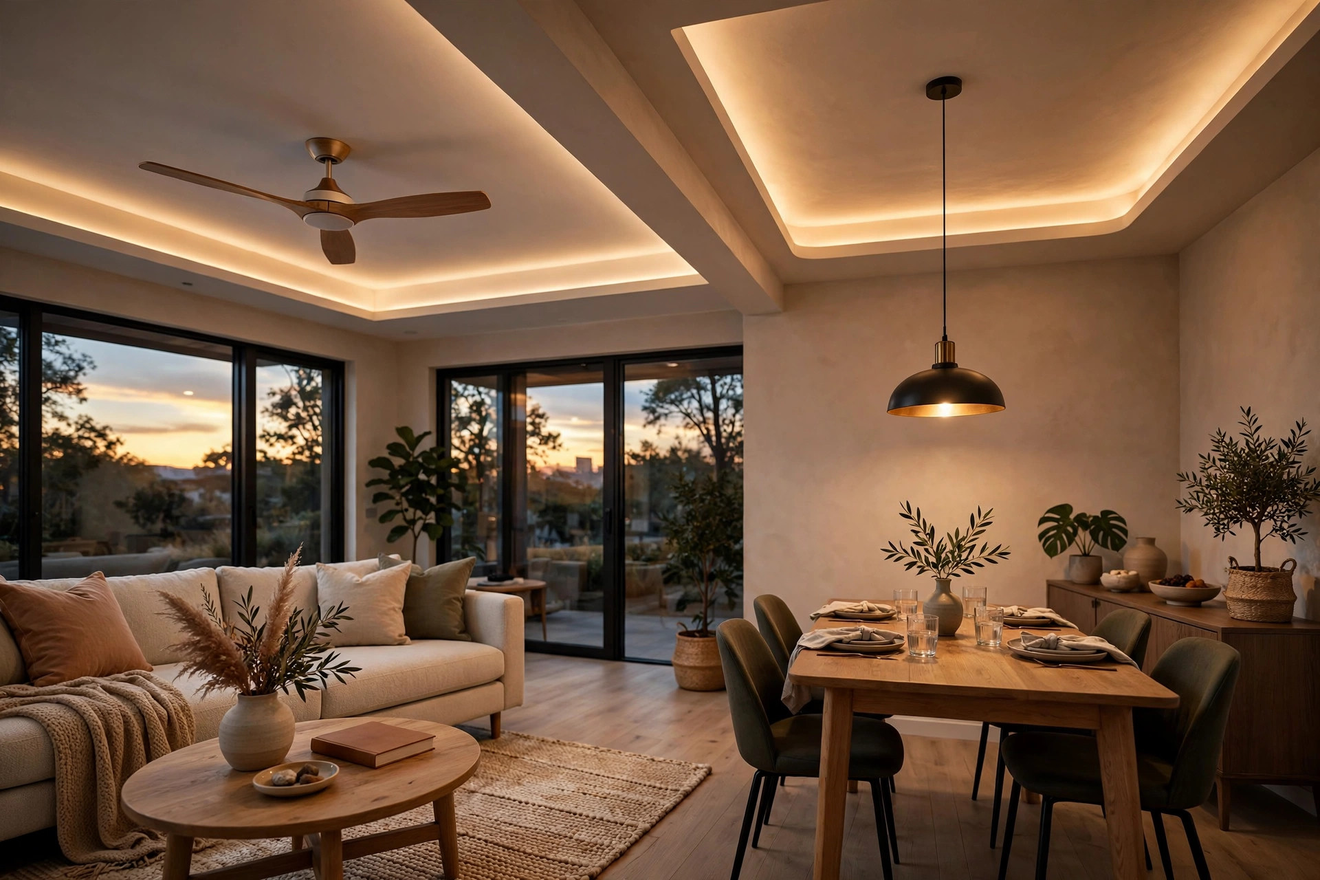 Open-plan living dining area with a fan over the seating zone and a pendant over the dining table