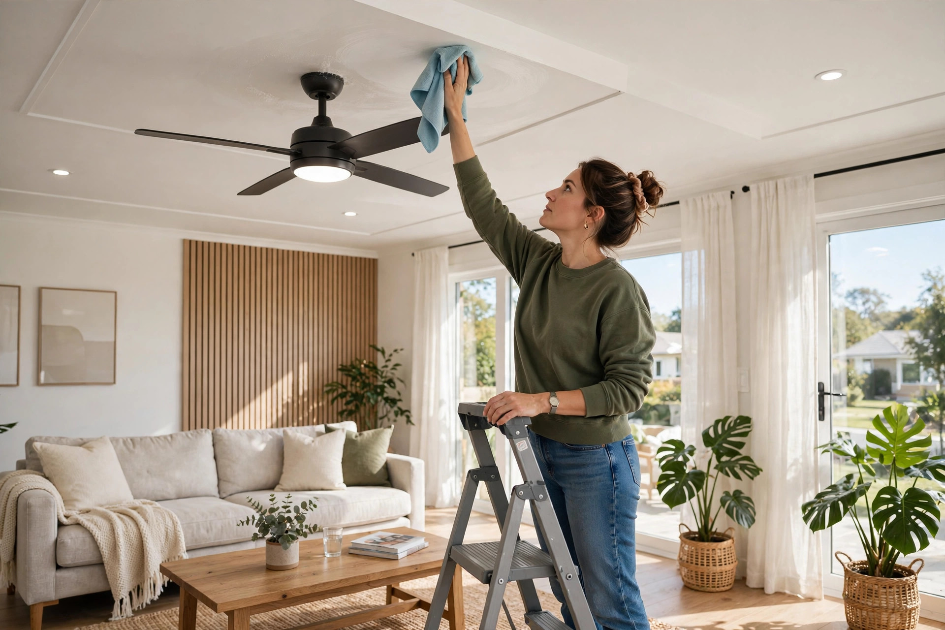 Person cleaning a ceiling fan and the surrounding false ceiling