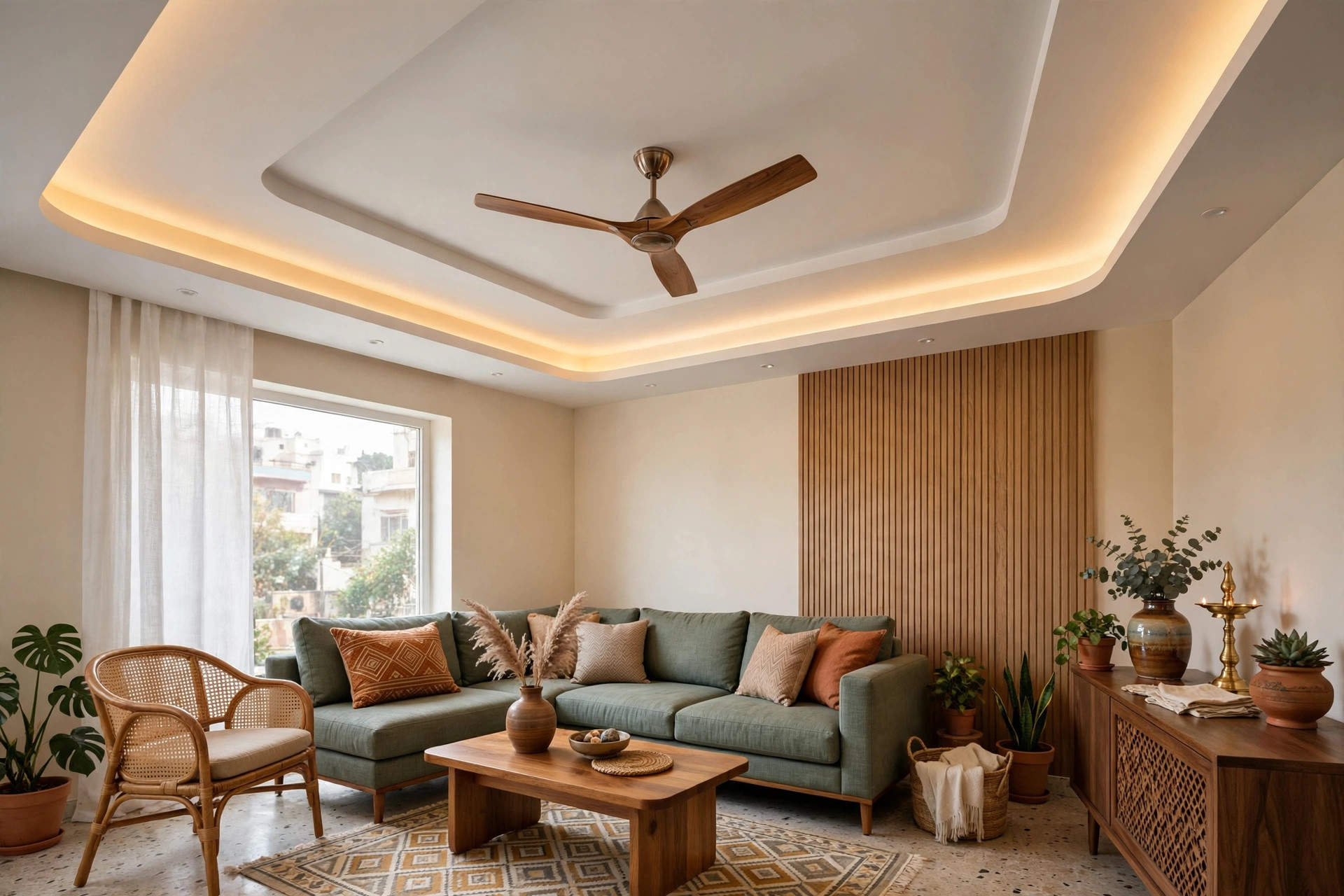 Plus-minus living room ceiling with the fan at the centre of the raised panel