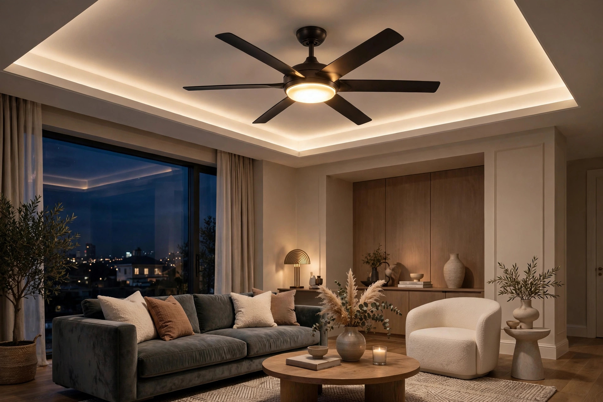 Living room with a designer ceiling fan with integrated light at the centre