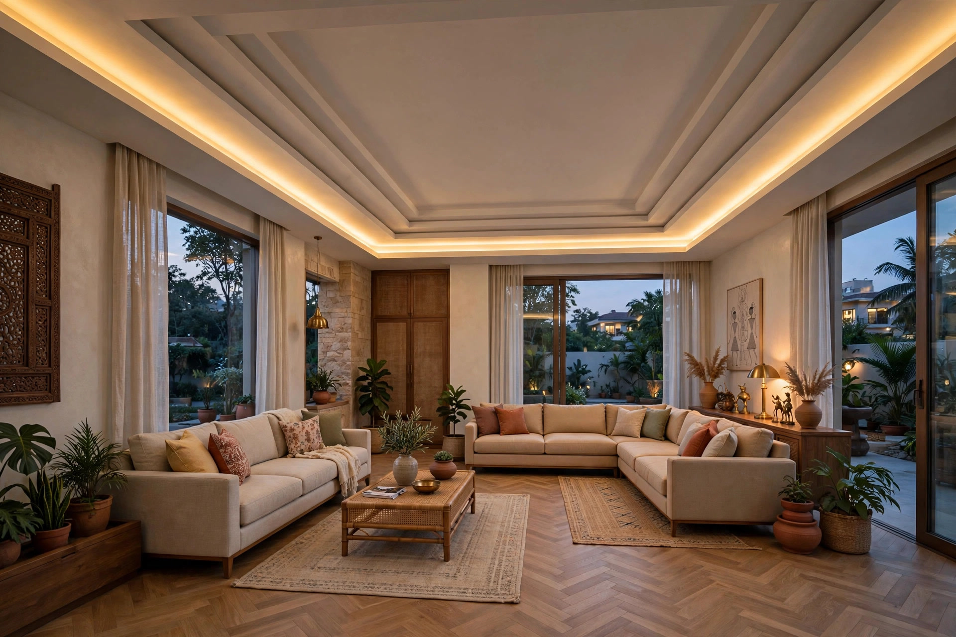 L-shaped hall with layered gypsum tray ceiling and warm cove lighting