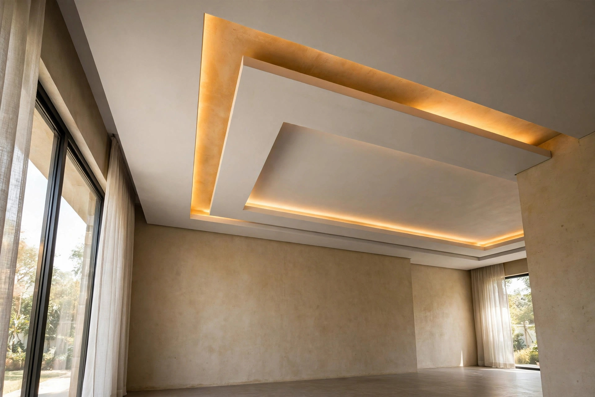 Two-step gypsum tray ceiling tracing the L bend with warm cove lighting