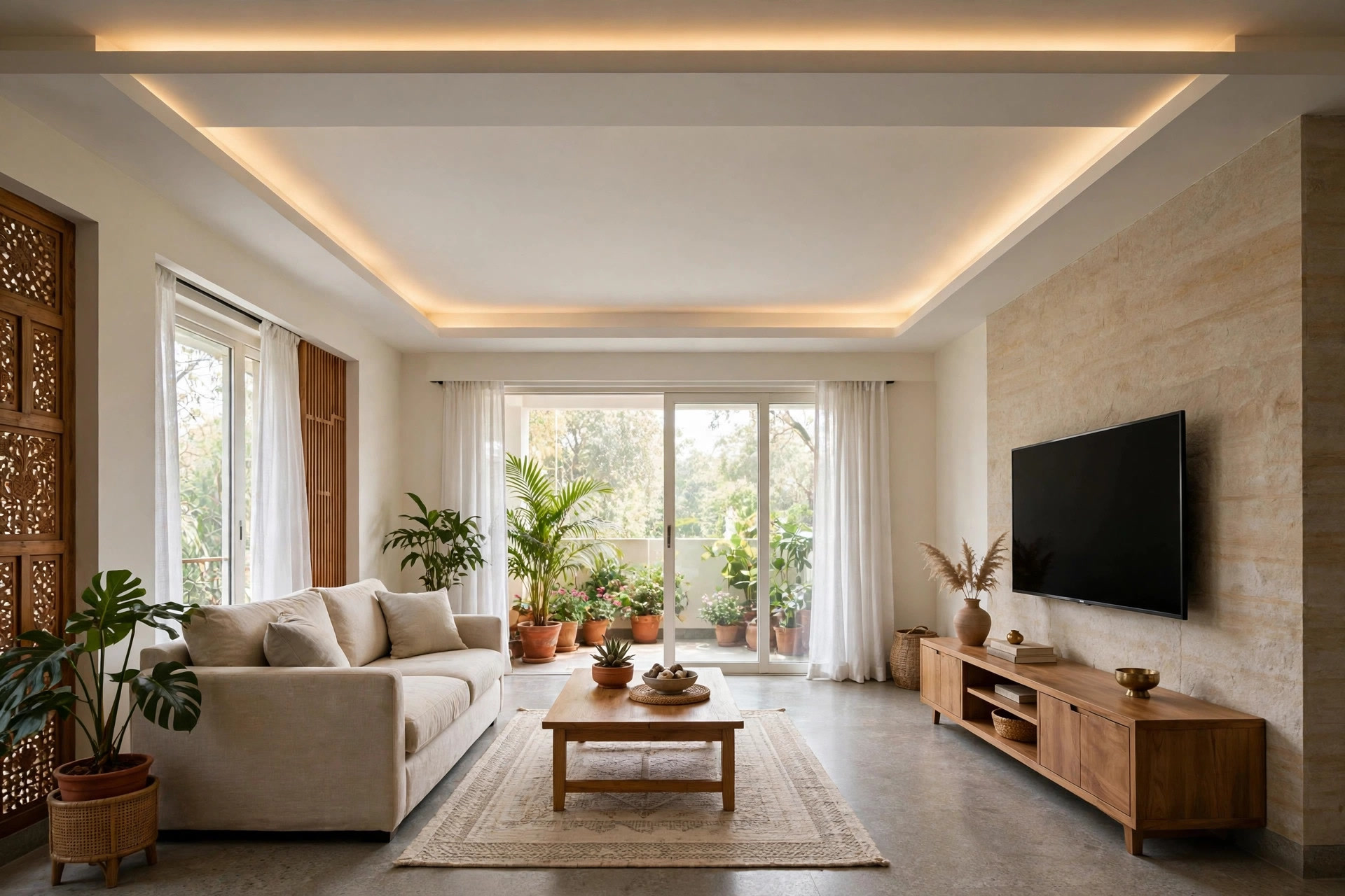 Dropped perimeter border ceiling with concealed cove lighting around a rectangular hall