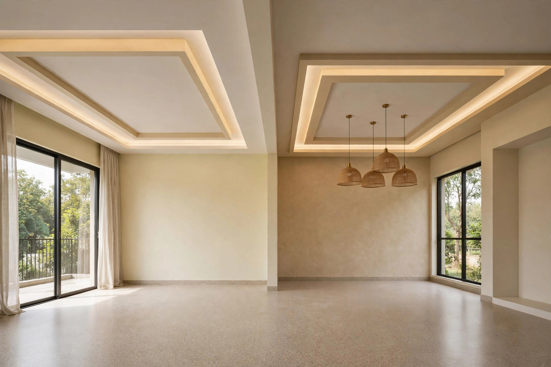 L-shaped hall with separate rectangular and square tray ceilings for living and dining zones