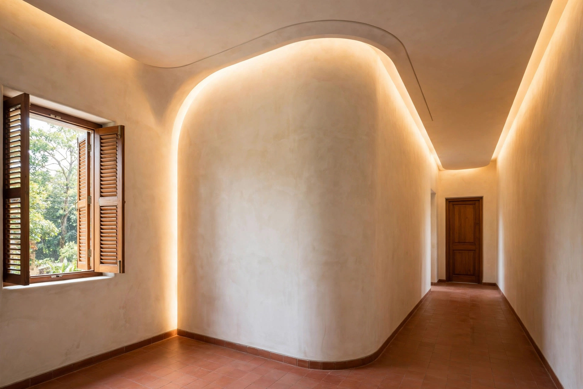 Curved cove light sweeping around the inner corner of an L-shaped hall