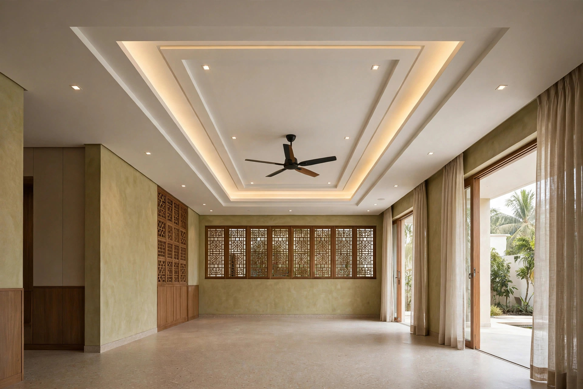 Long rectangular hall with a single central rectangular tray ceiling and ceiling fan