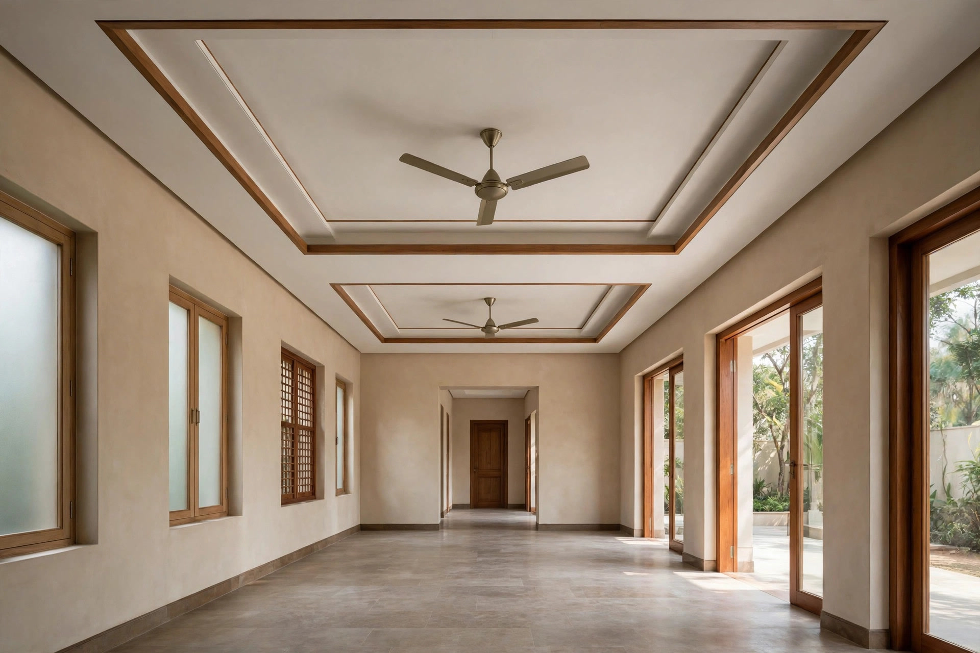 Two matching rectangular tray ceilings dividing a long hall into two zones