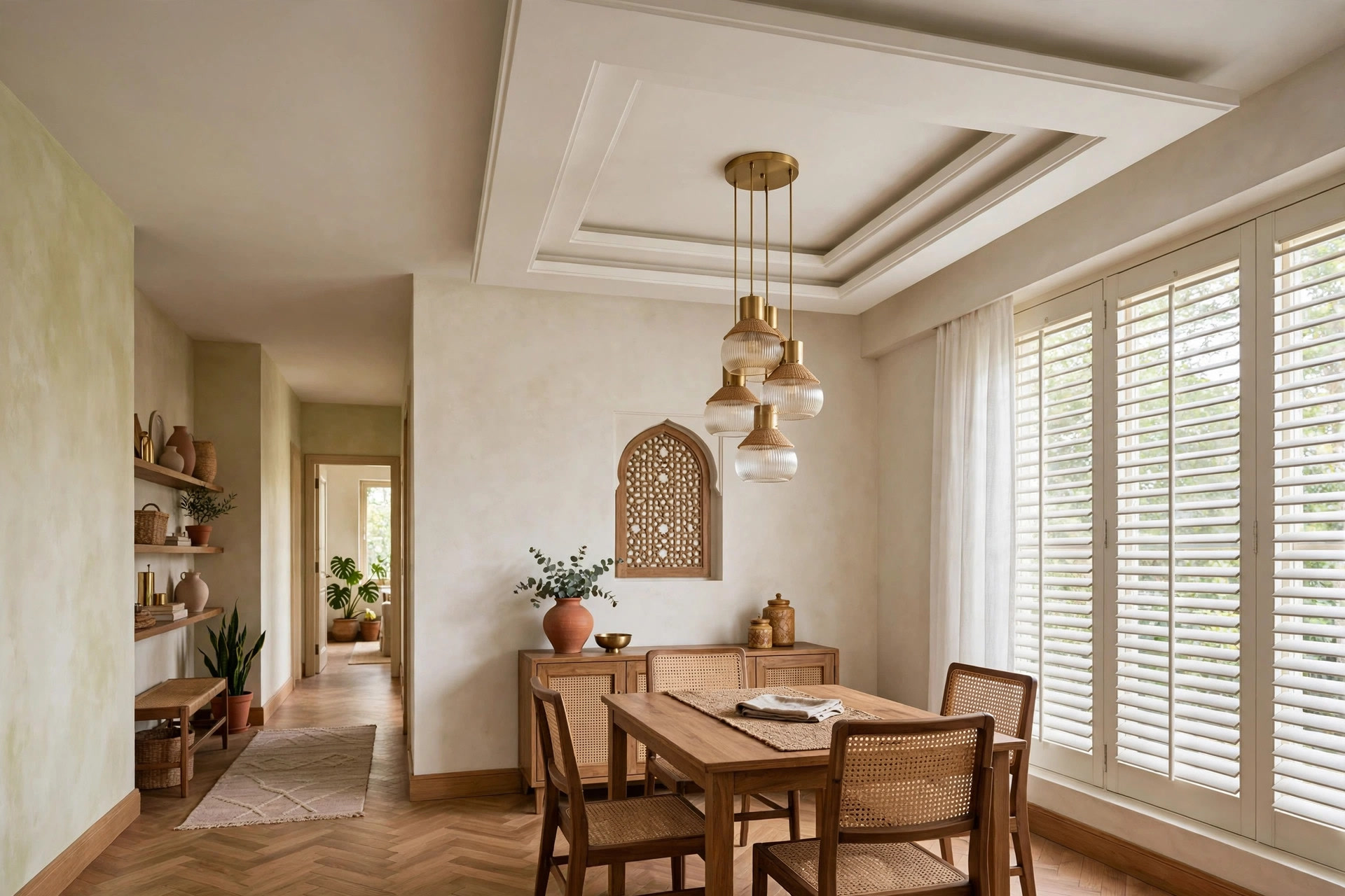 Square tray ceiling with pendant lights over a dining table in the short arm
