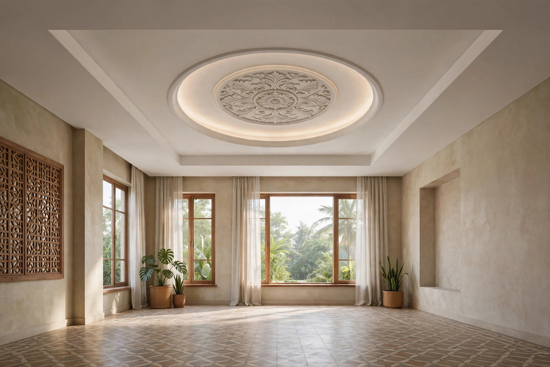 Circular centre medallion with cove ring inside a rectangular hall tray ceiling