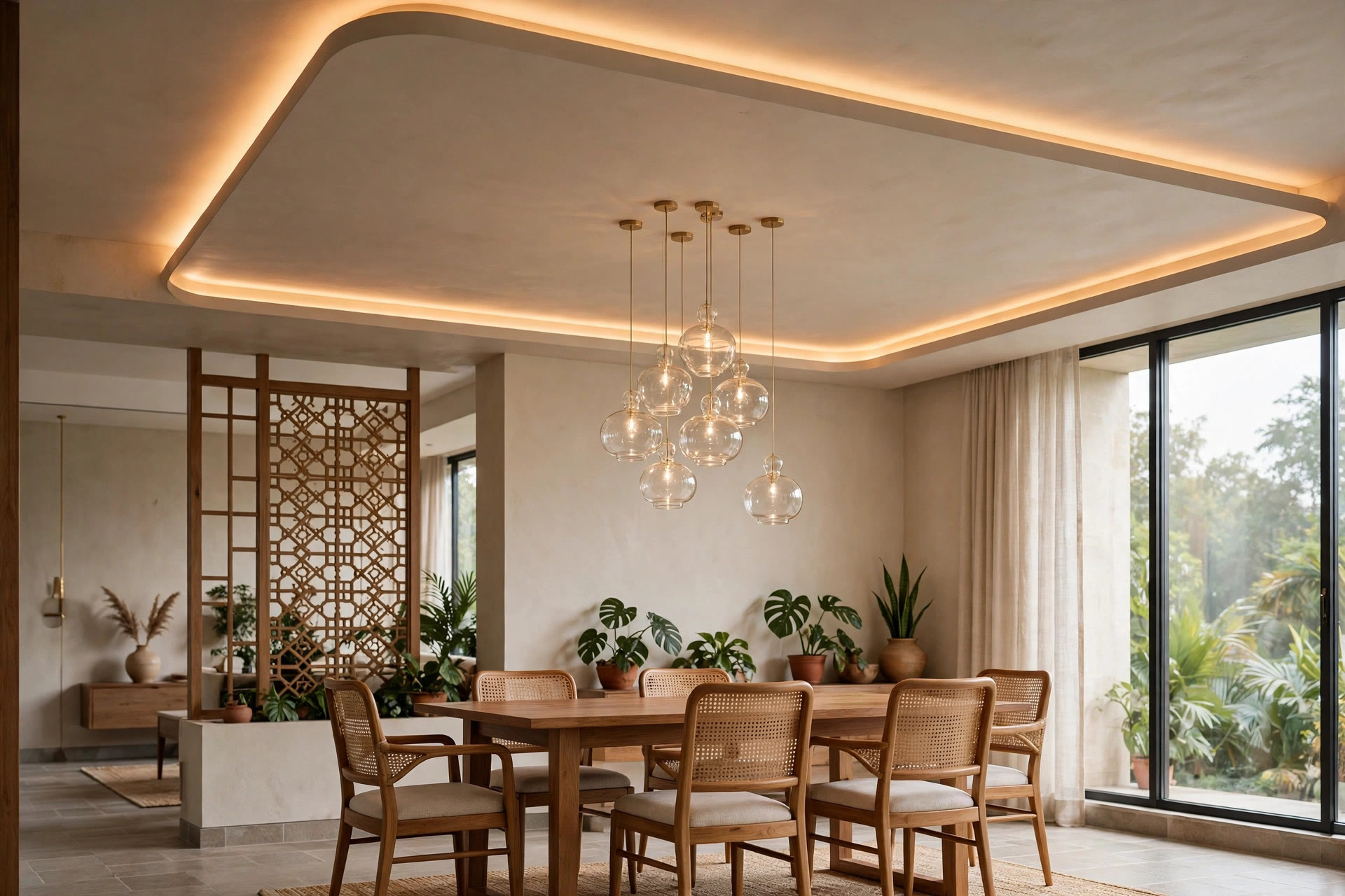 Cluster of glass pendant lights hanging from a lowered ceiling over a dining table