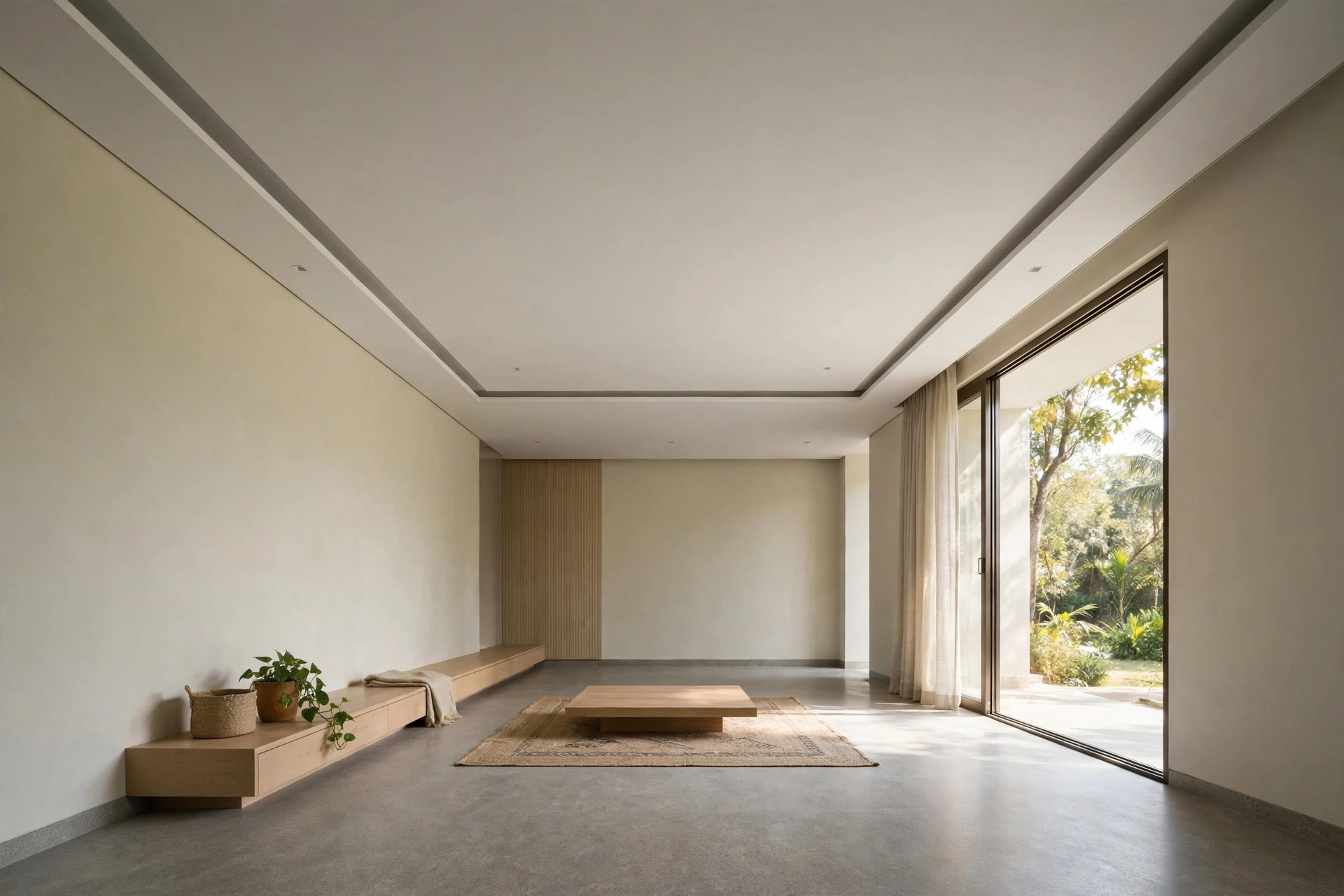 Minimal flat false ceiling with a thin shadow gap in a low-height hall
