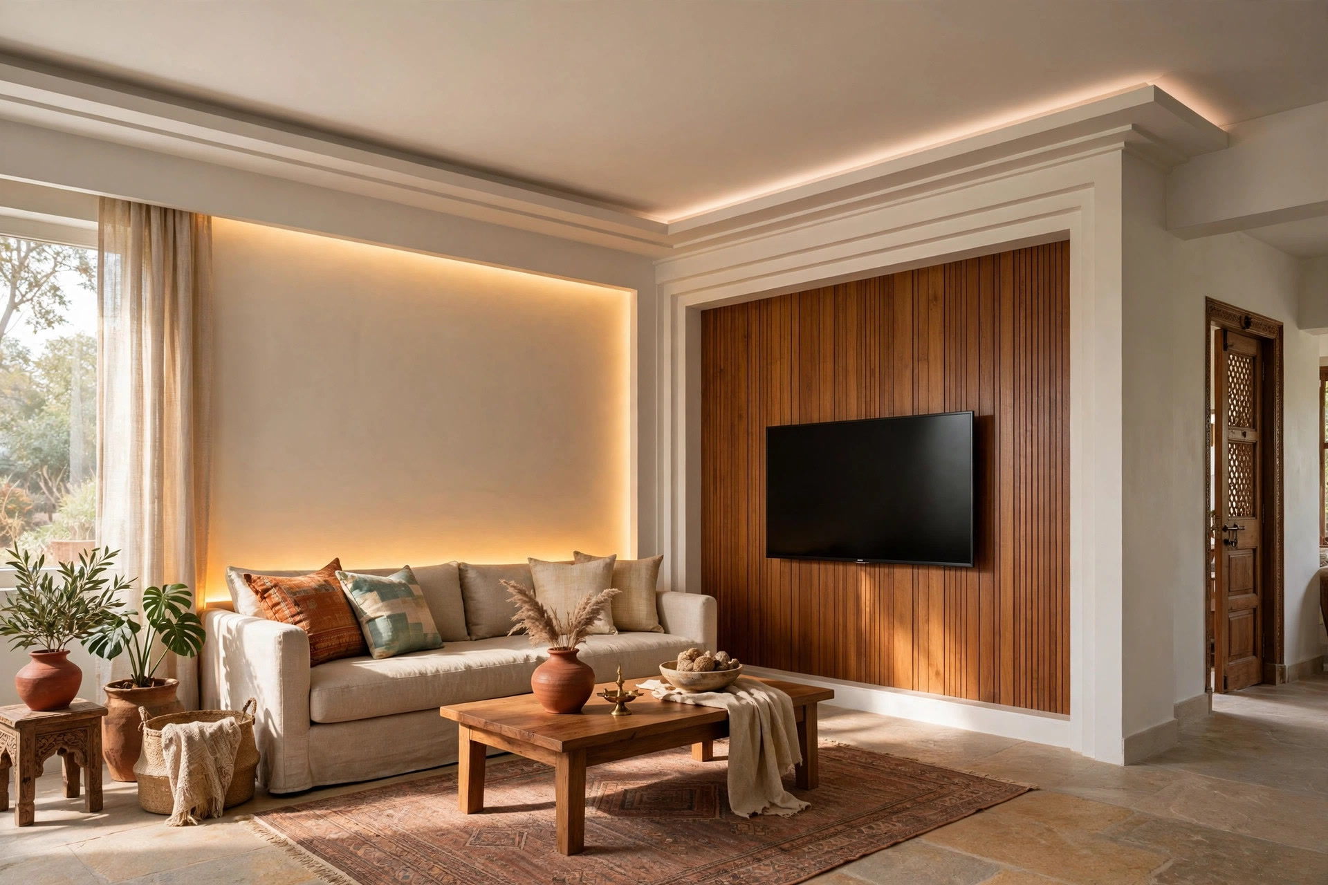 Ceiling border aligned with a wooden TV feature wall in an Indian hall