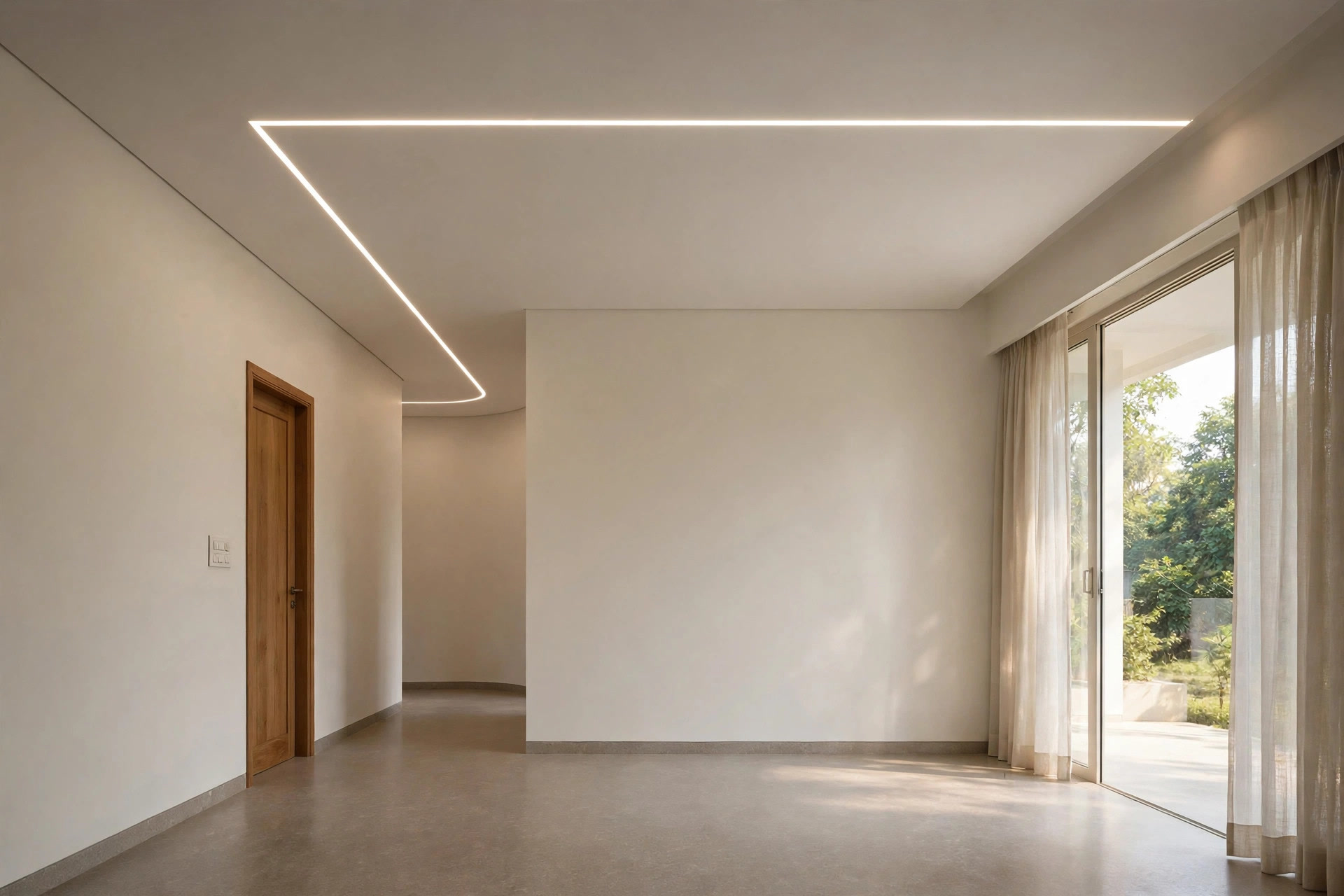 Continuous linear LED channel following the L path of a hall ceiling