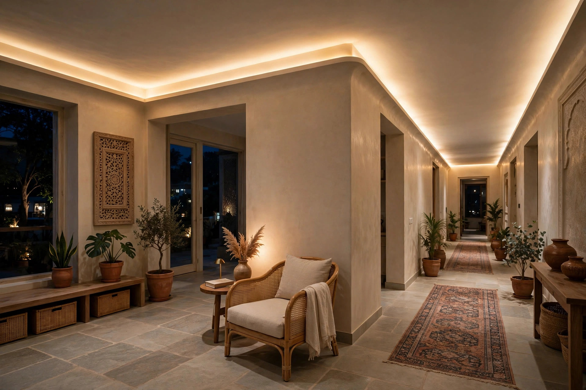 Warm cove wash lighting brightening the inner corner of an L-shaped hall