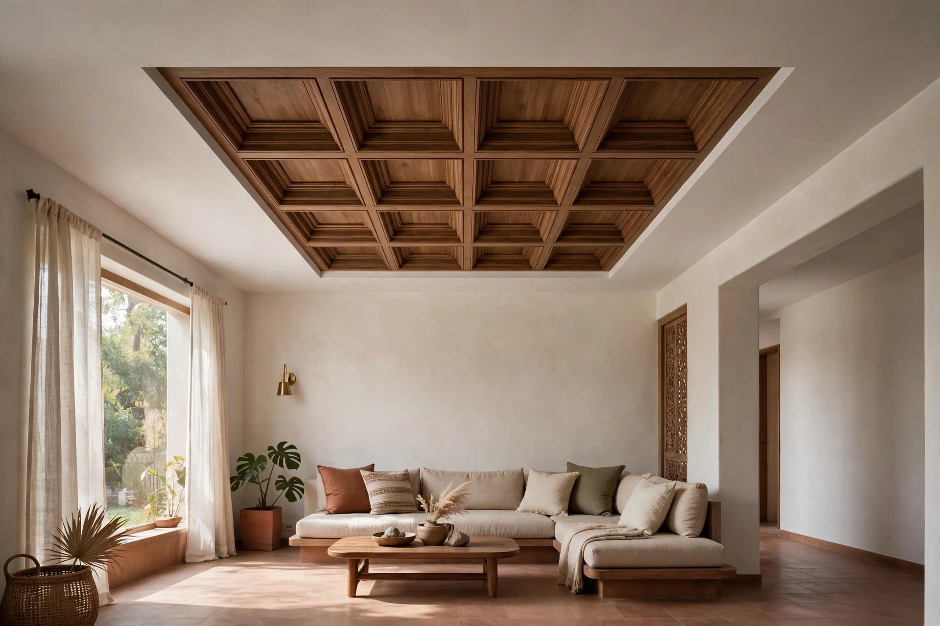 Coffered square grid ceiling section over a hall seating area