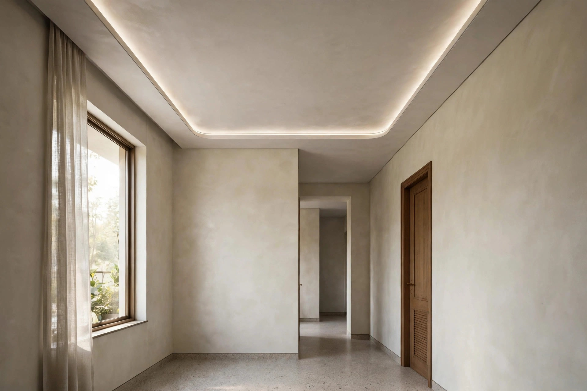 Shallow single-level false ceiling with slim LED cove in a low apartment hall