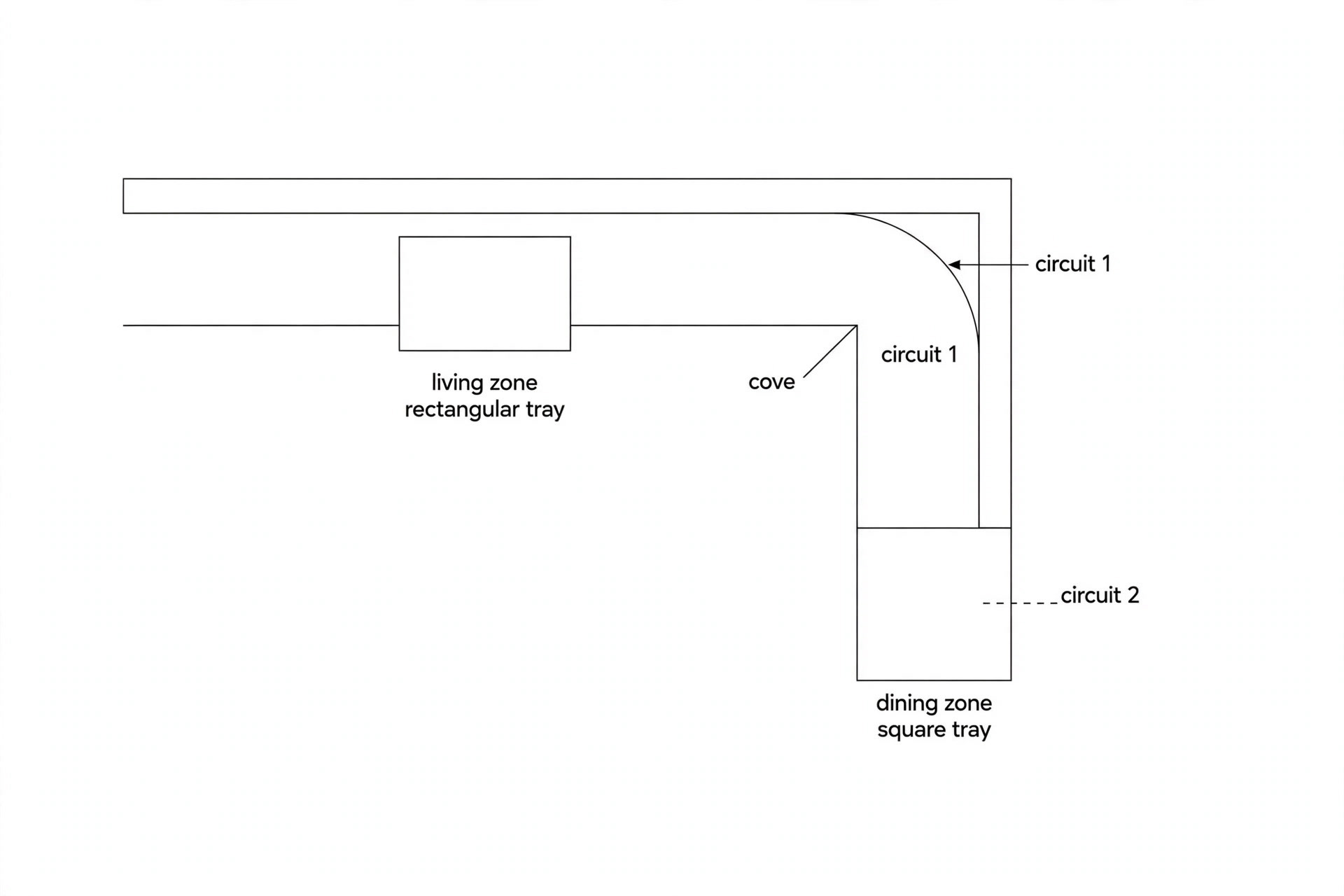 Reflected ceiling plan diagram of an L-shaped hall with three labelled ceiling zones