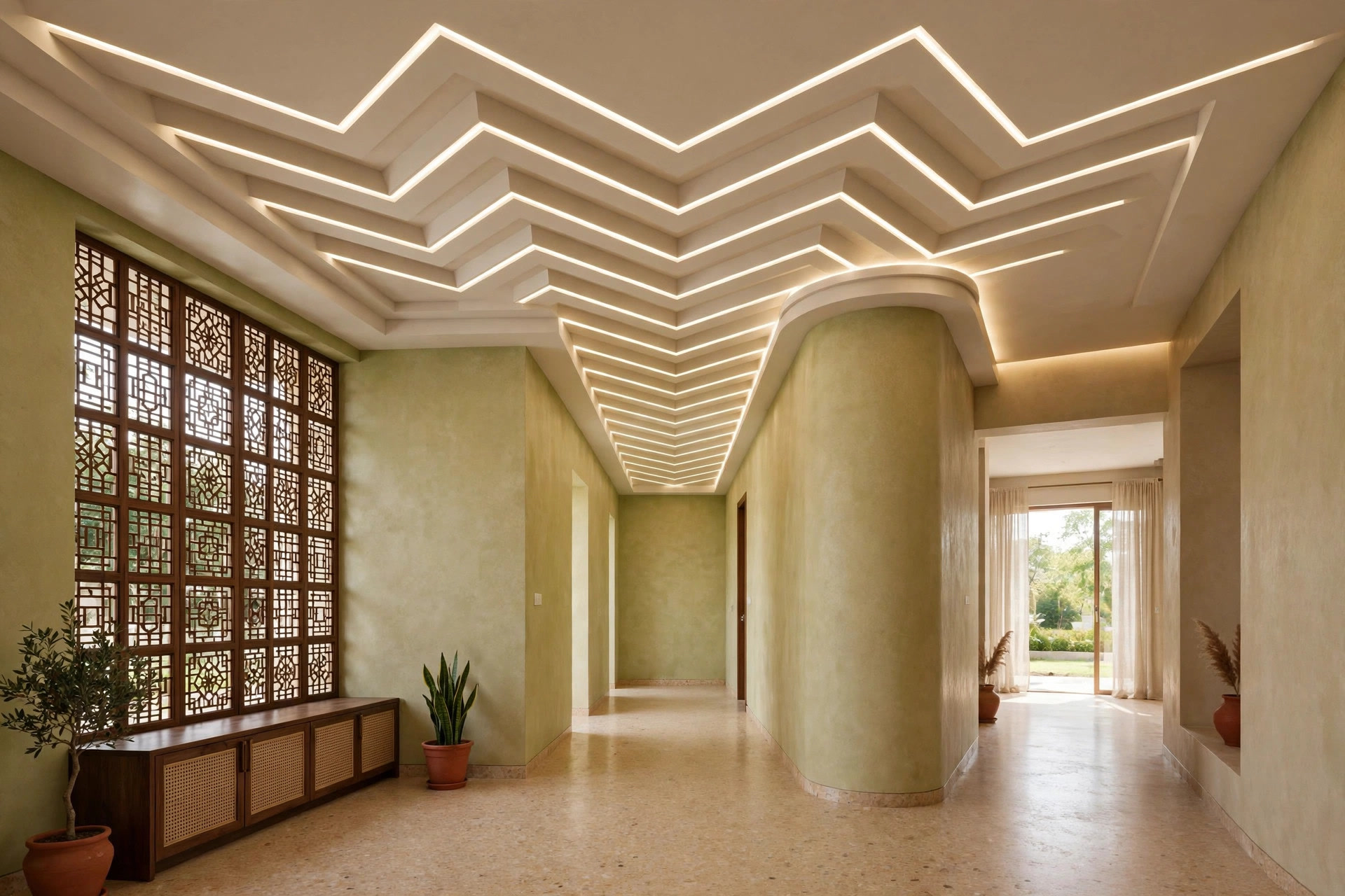 Angled chevron tray ceiling steps echoing the L bend of the hall