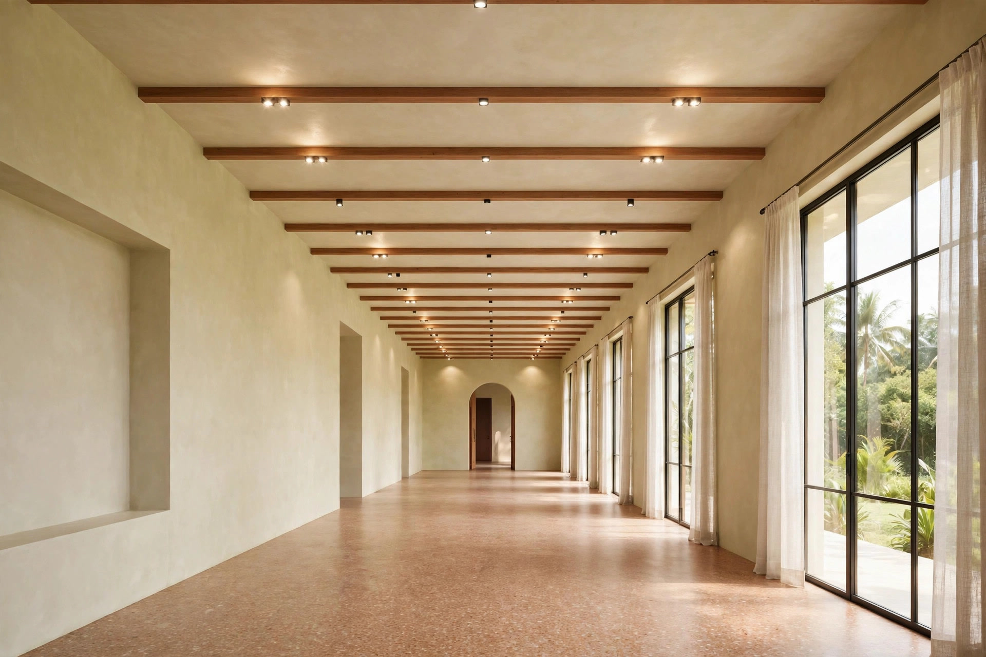 Slim false beams running across the width of a long rectangular hall
