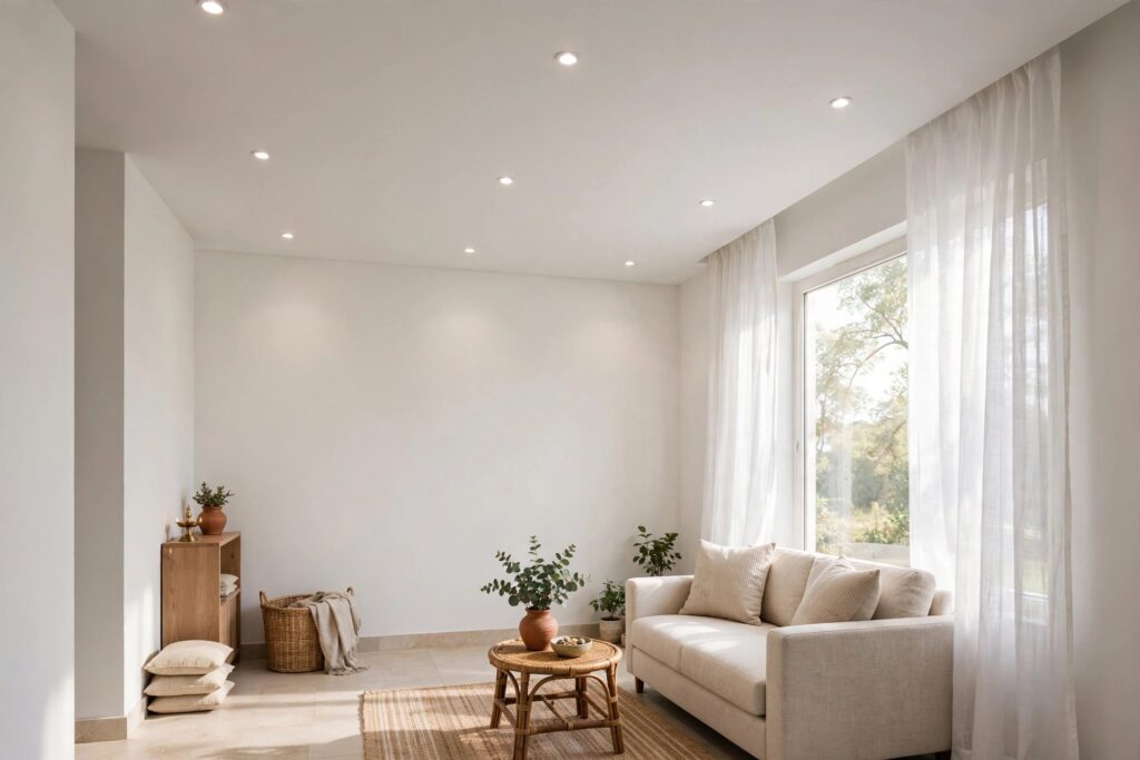 Small living room with a flat white gypsum false ceiling, recessed spotlights, and bright airy walls