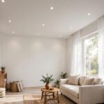 Small living room with a flat white gypsum false ceiling, recessed spotlights, and bright airy walls