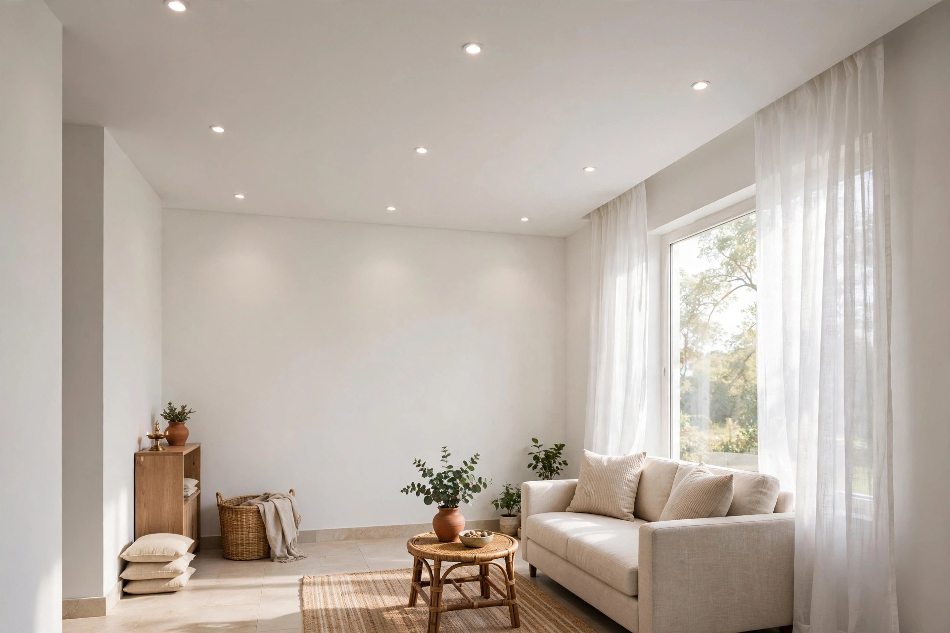 Small living room with a flat white gypsum false ceiling, recessed spotlights, and bright airy walls