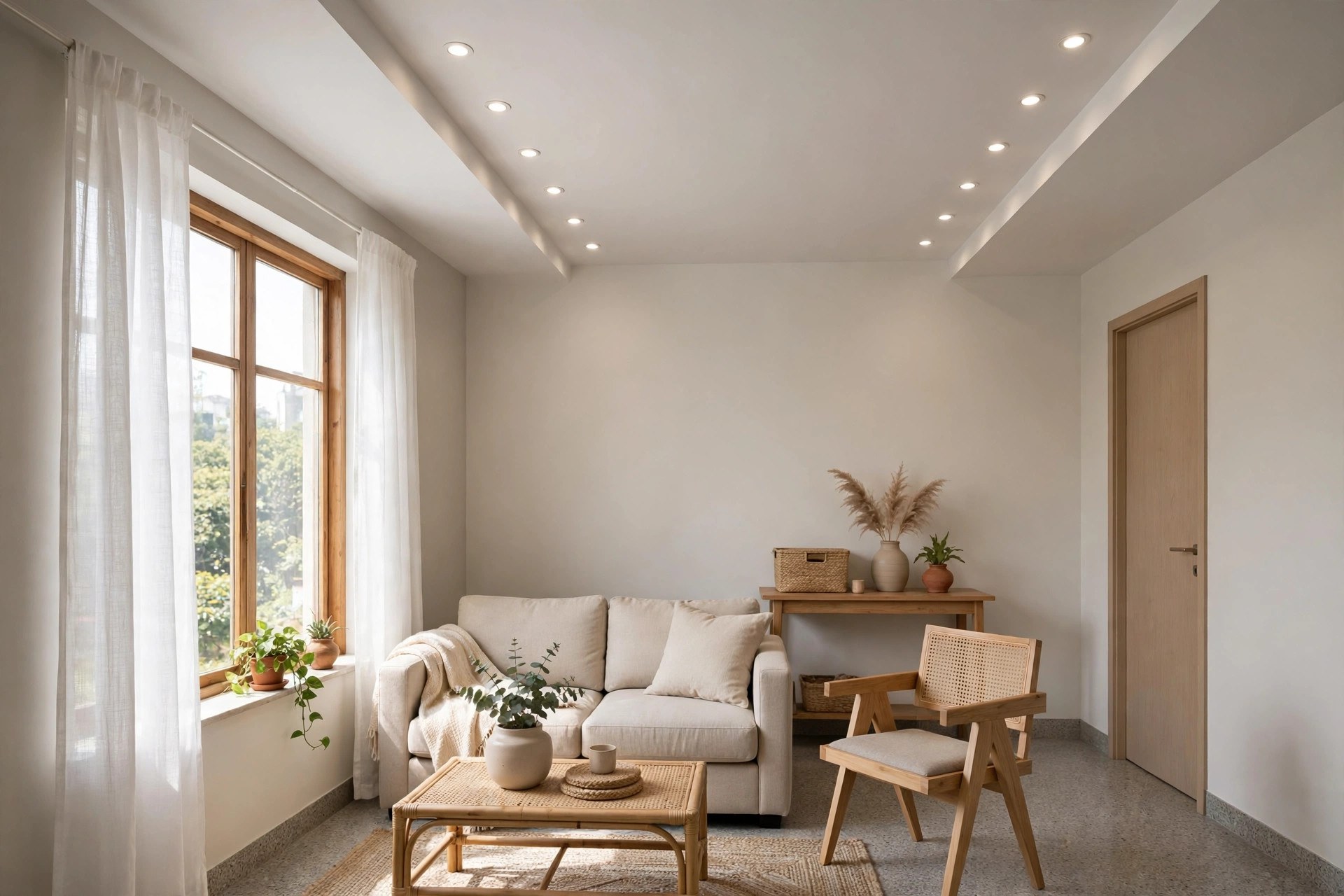 Compact hall with a flat white gypsum ceiling and evenly spaced recessed spotlights