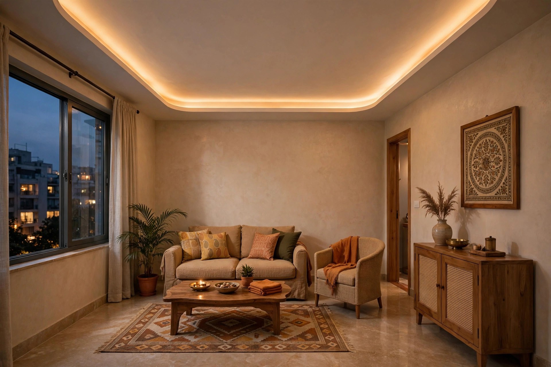 Small hall with a gypsum perimeter border ceiling and warm hidden cove lighting