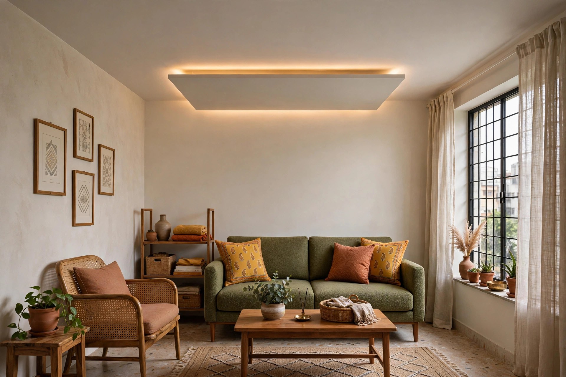 Small living room with a slim floating ceiling panel outlined by an LED strip