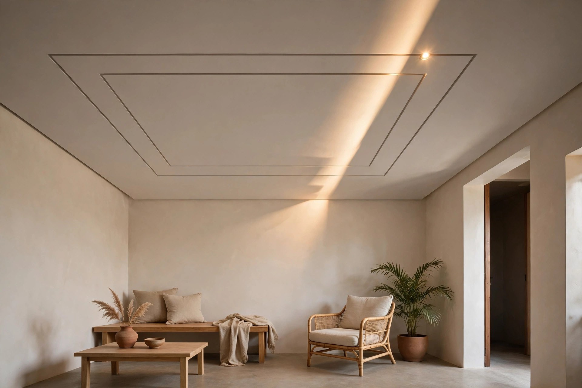Small hall with a flat ceiling carrying a slim recessed geometric groove pattern
