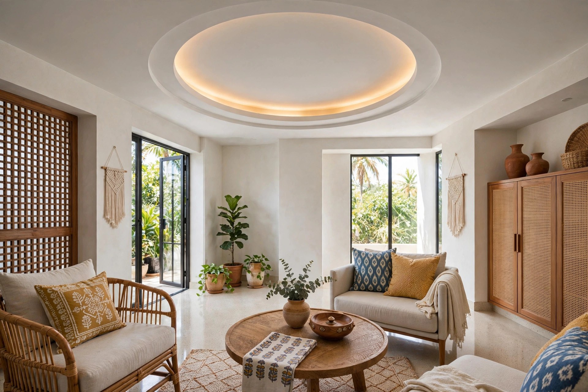 Compact hall with a shallow circular tray ceiling and cove light at the centre
