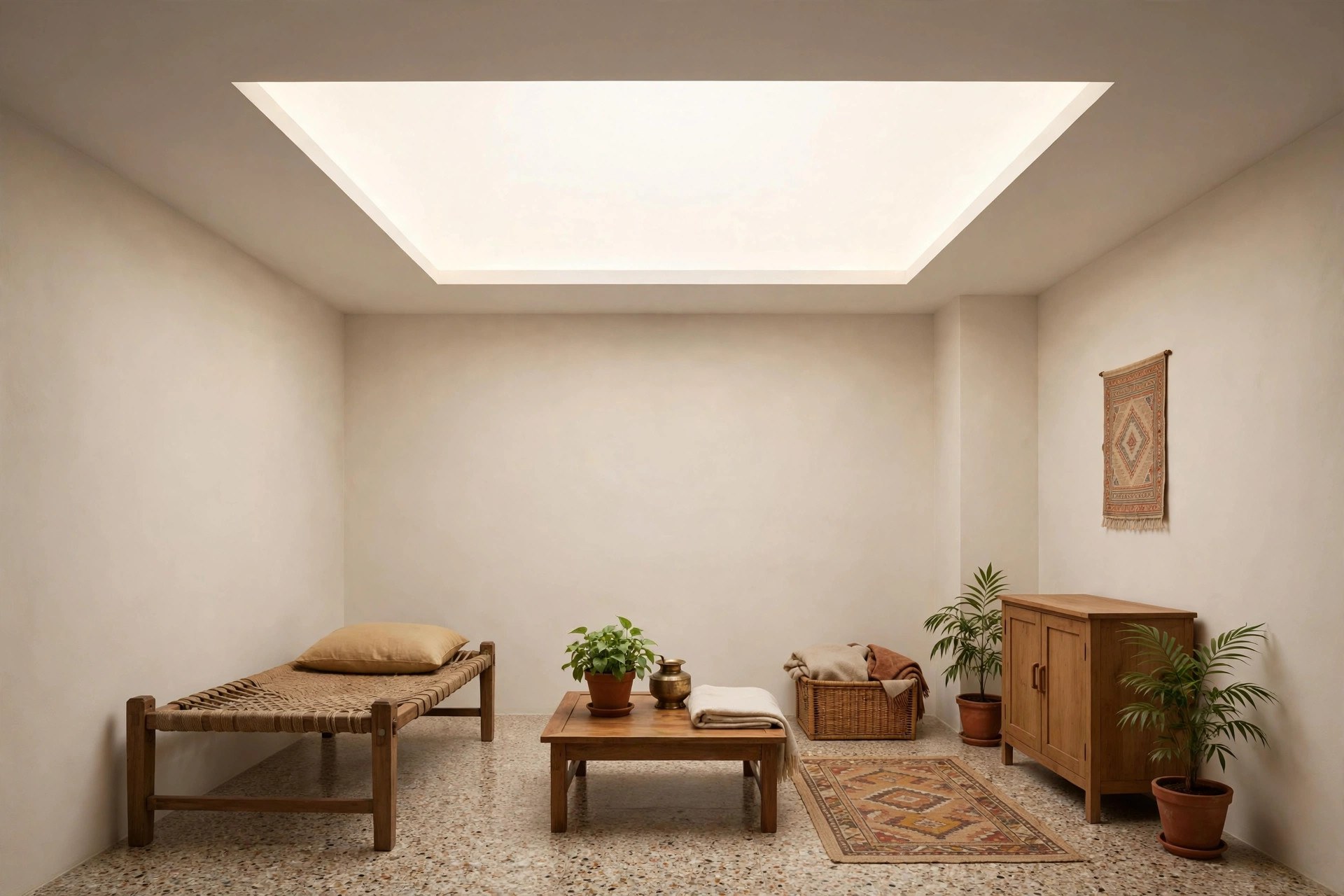 Small hall with a backlit luminous ceiling panel glowing like a skylight