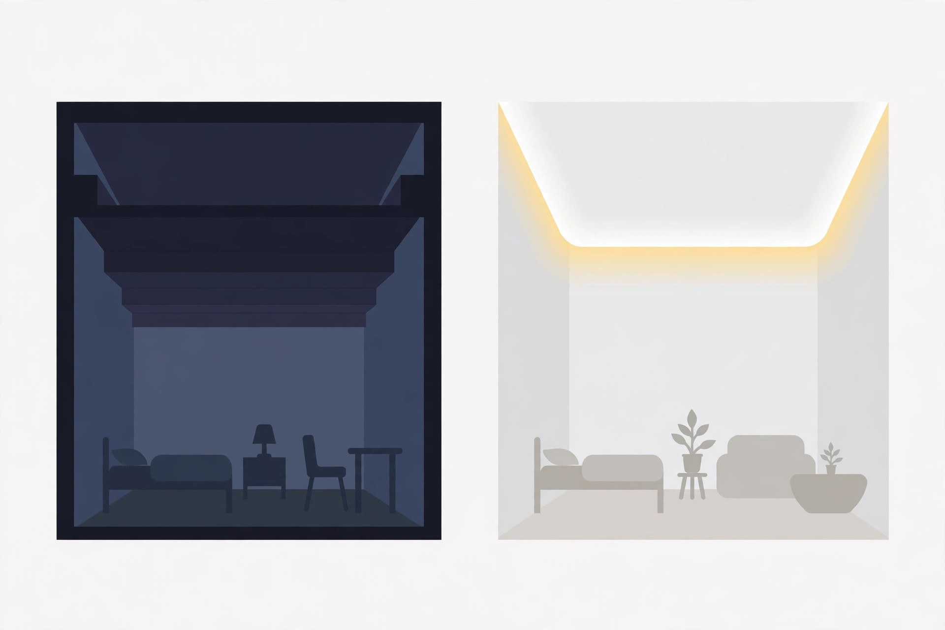 Illustration showing how light colours, shallow drops and perimeter lighting make a small hall feel taller
