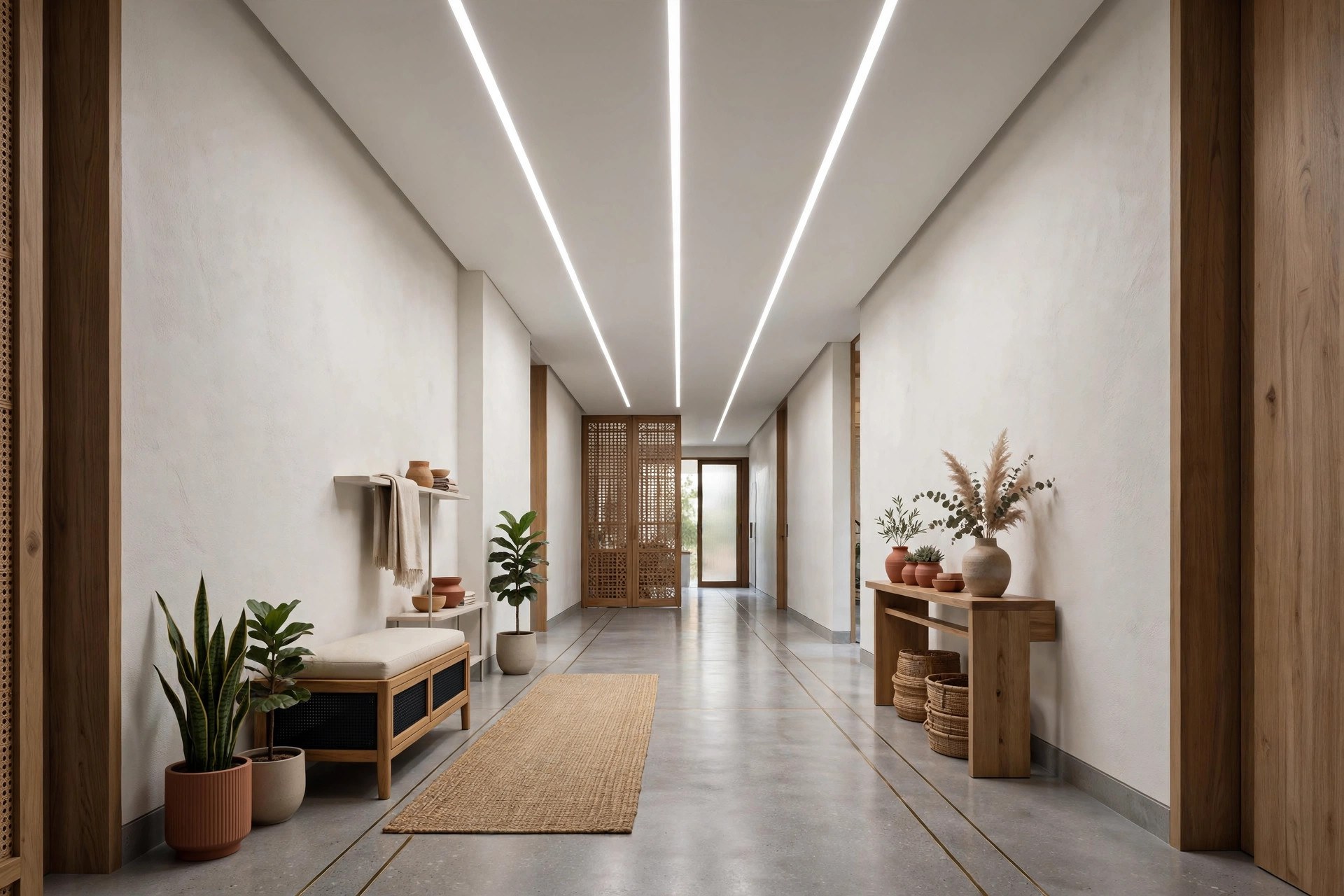 Long narrow hall with slim linear LED channels running along a flat ceiling