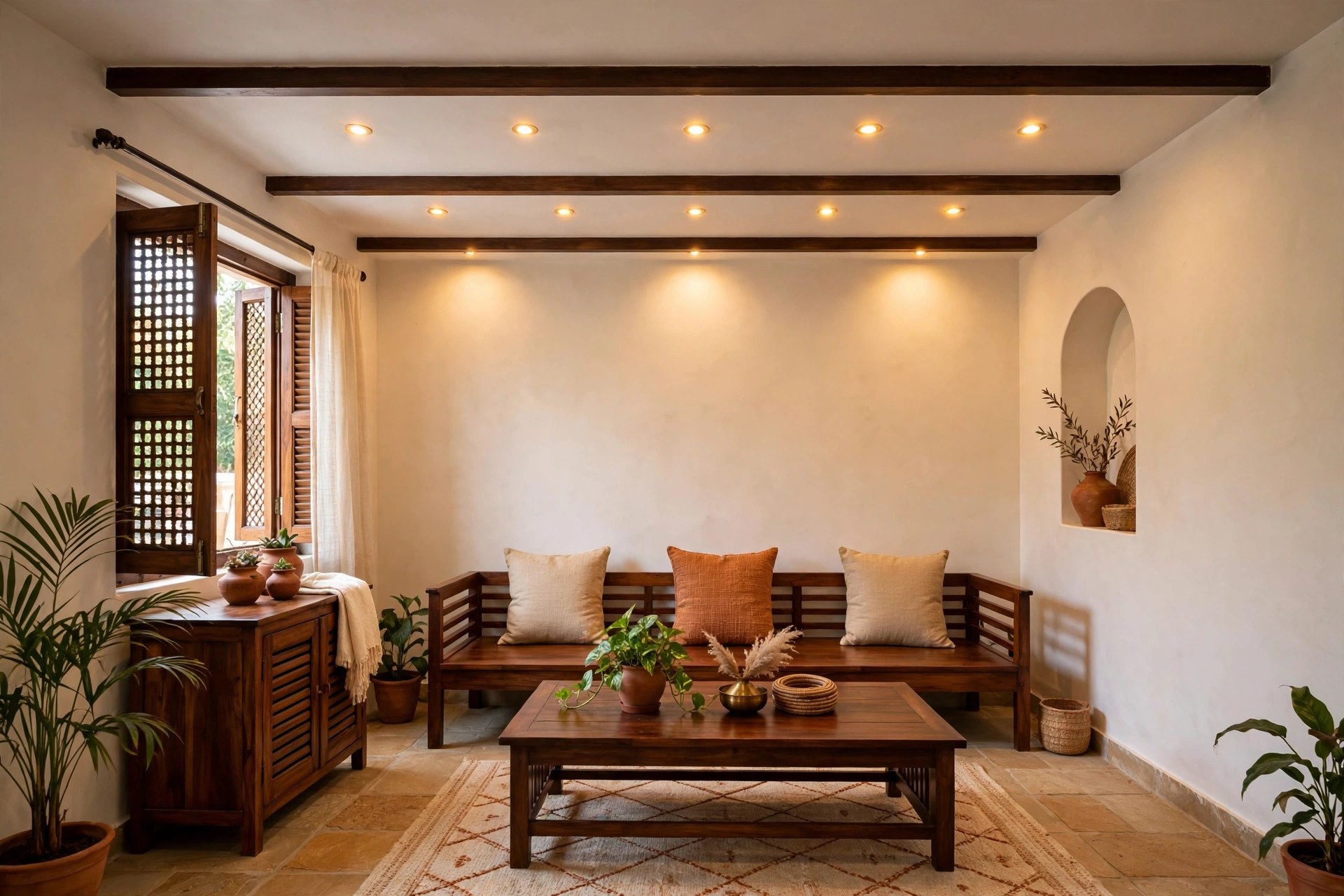 Small hall with a white flat ceiling crossed by slim wooden beams