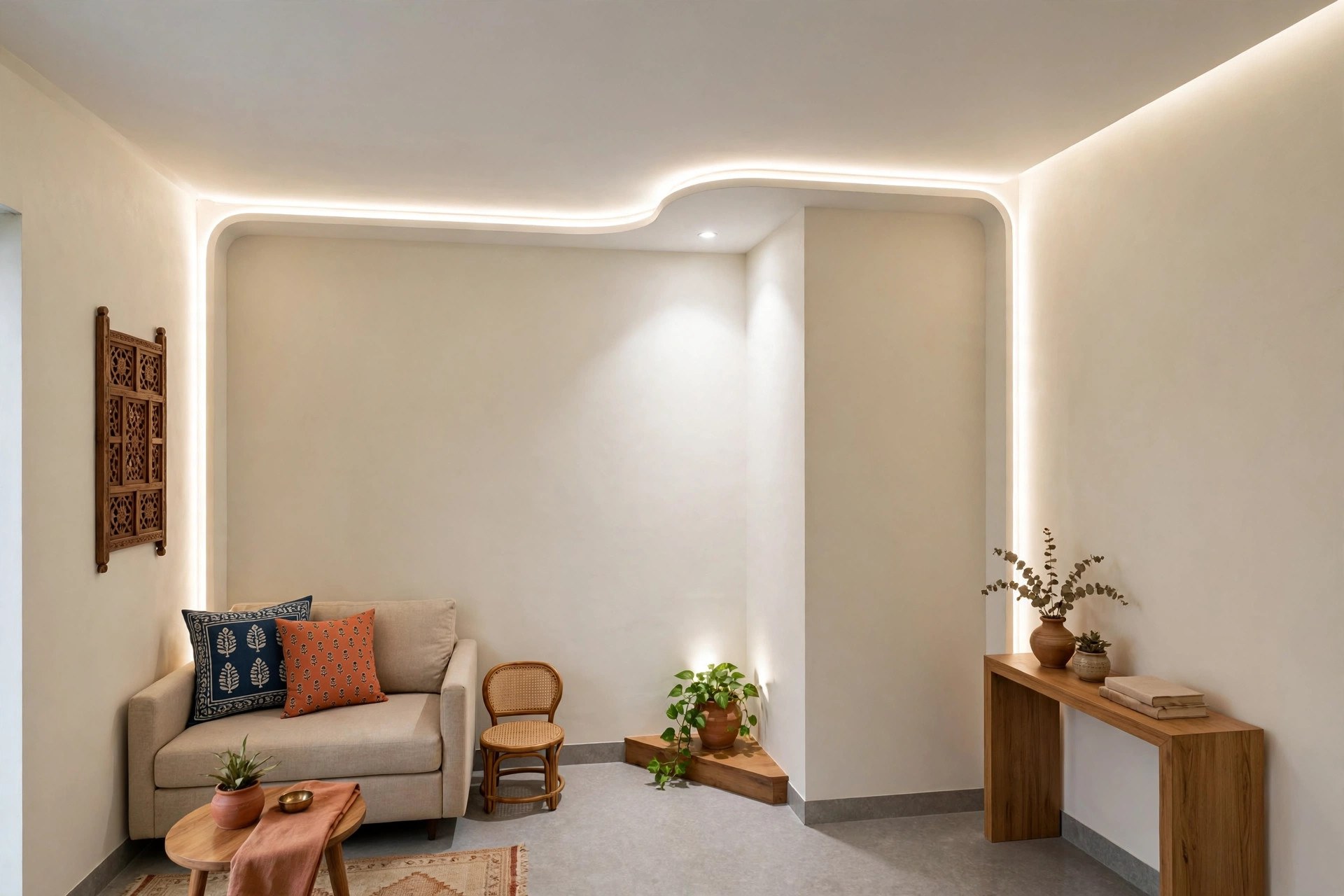 L-shaped small hall with a continuous cove-lit border ceiling around the bend