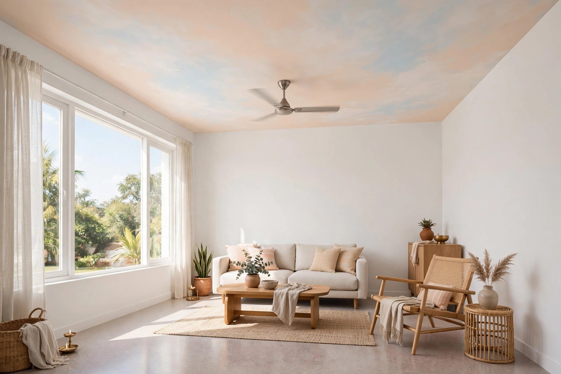 Small hall with a pale pastel ceiling and white walls feeling bright and airy