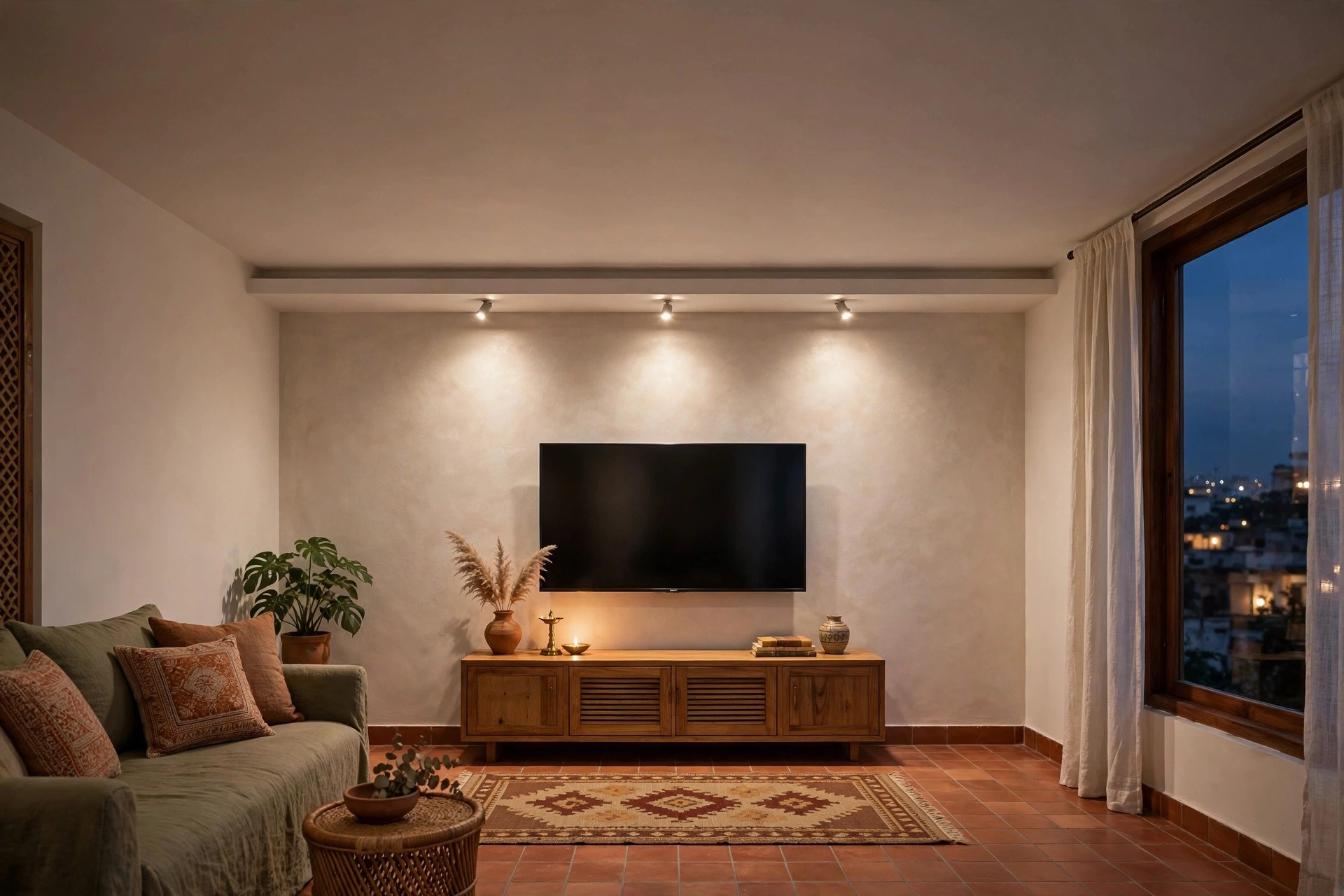 Small hall with a shallow ceiling strip and spotlights above the TV wall