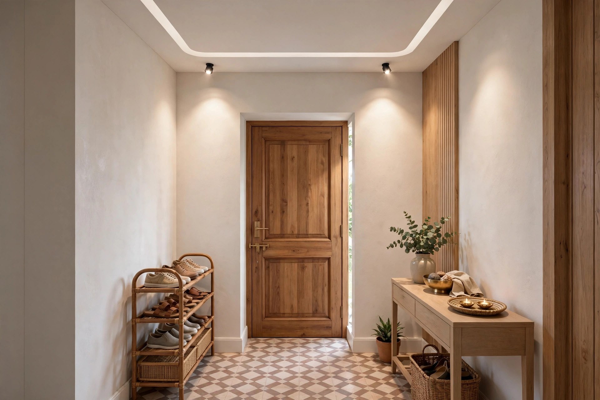Small hall entrance with a slim border ceiling and focused spotlights near the main door