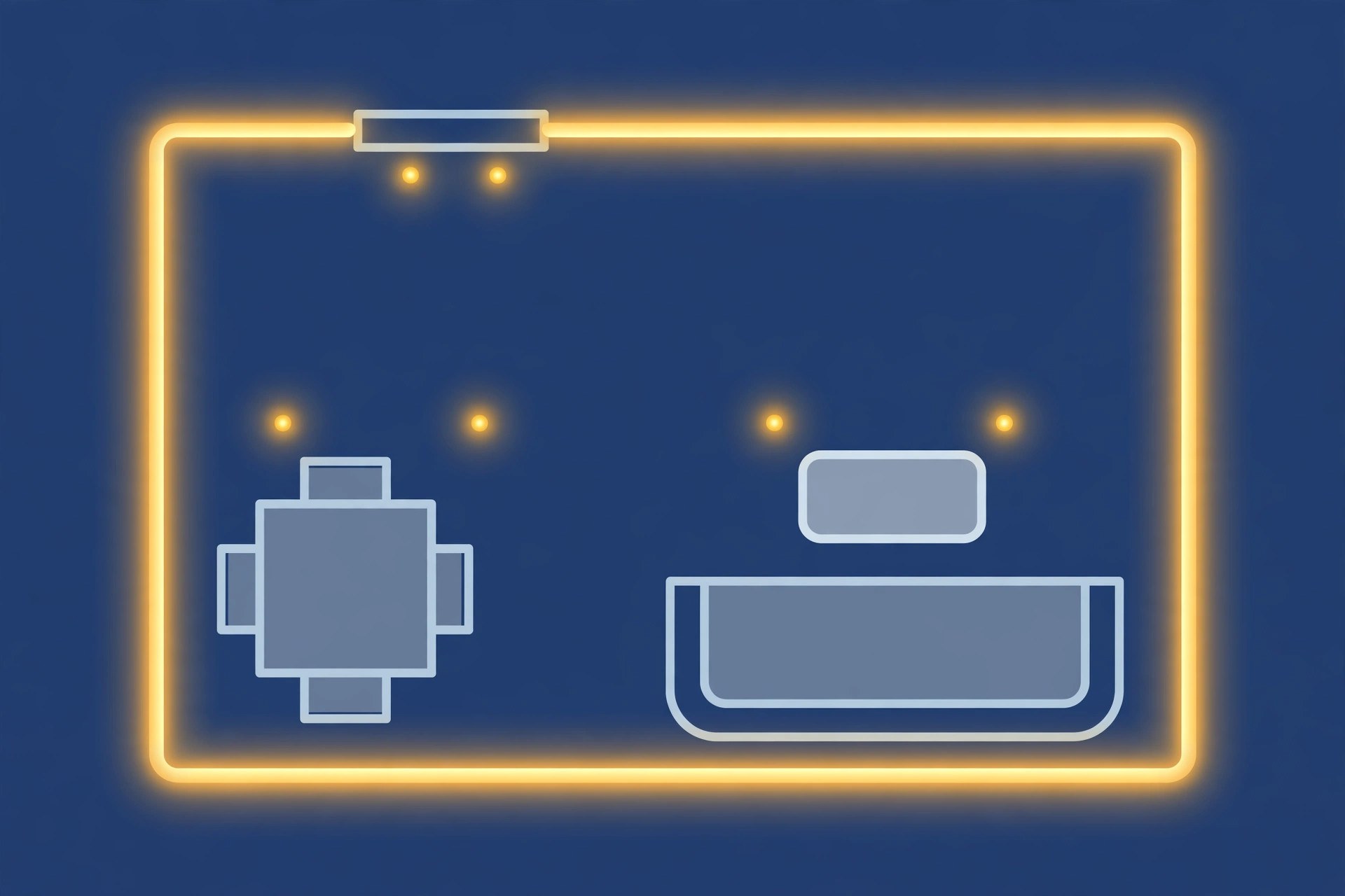 Plan-view illustration of a small hall ceiling lighting layout with cove border and spot positions