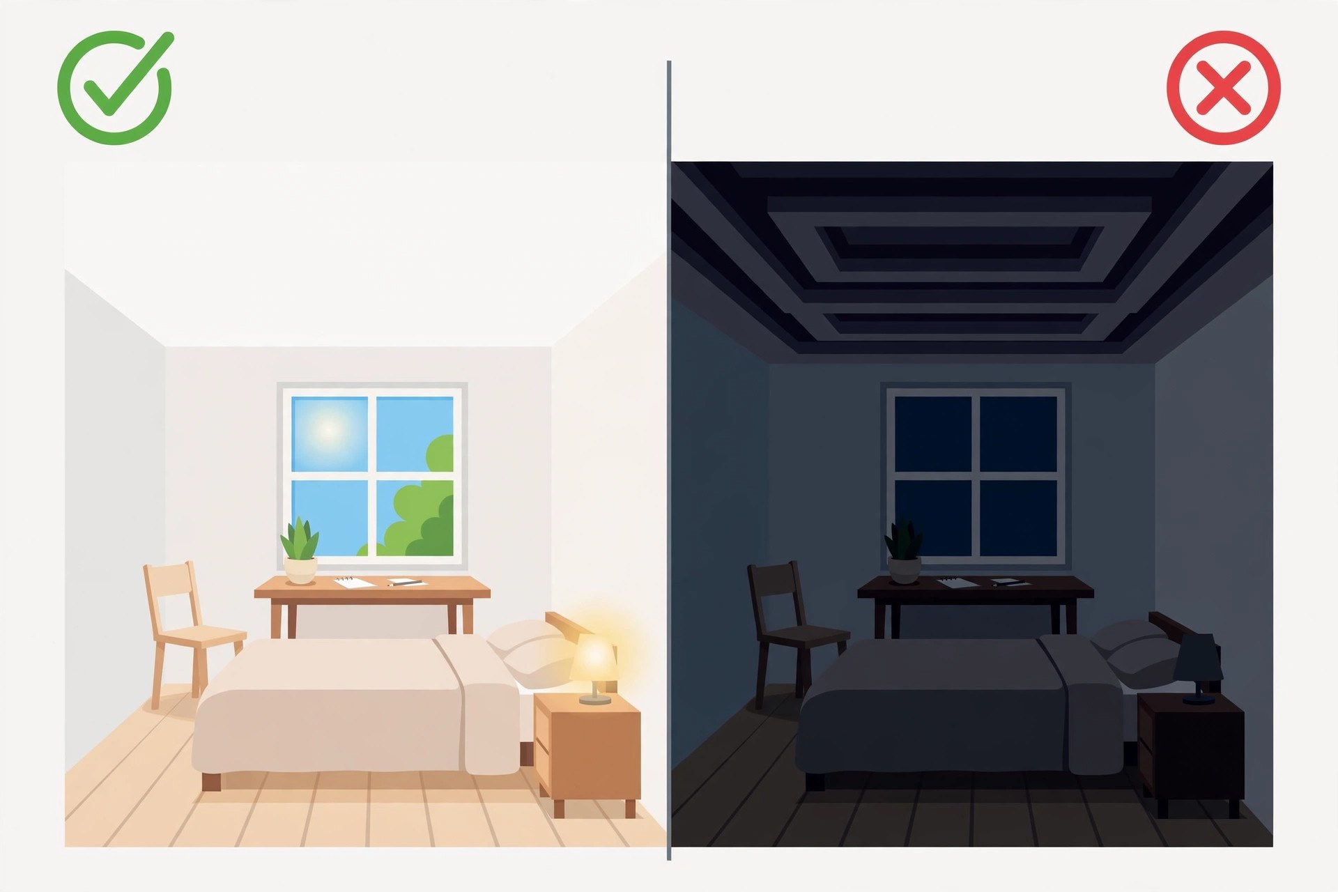 Side-by-side illustration comparing a shallow flat ceiling that suits a small hall with a deep multi-level ceiling that overwhelms it