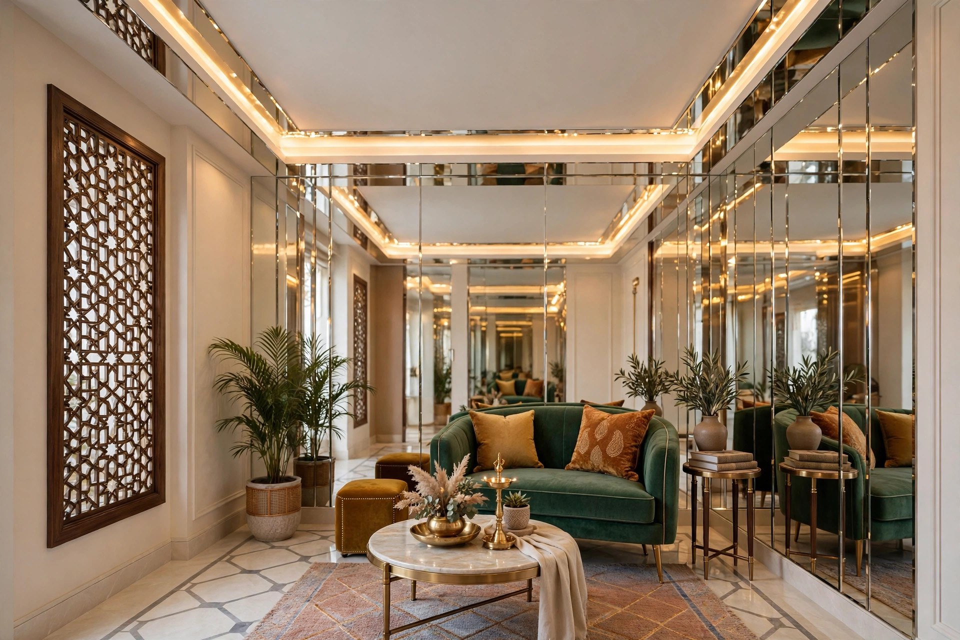 Small hall with a shallow ceiling tray with slim mirror strips reflecting cove light