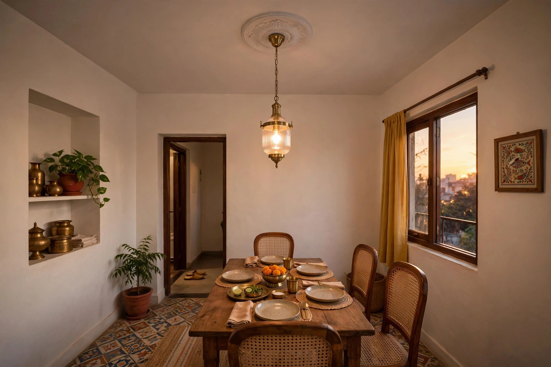 Small hall dining corner with a pendant light over the table and a flat ceiling