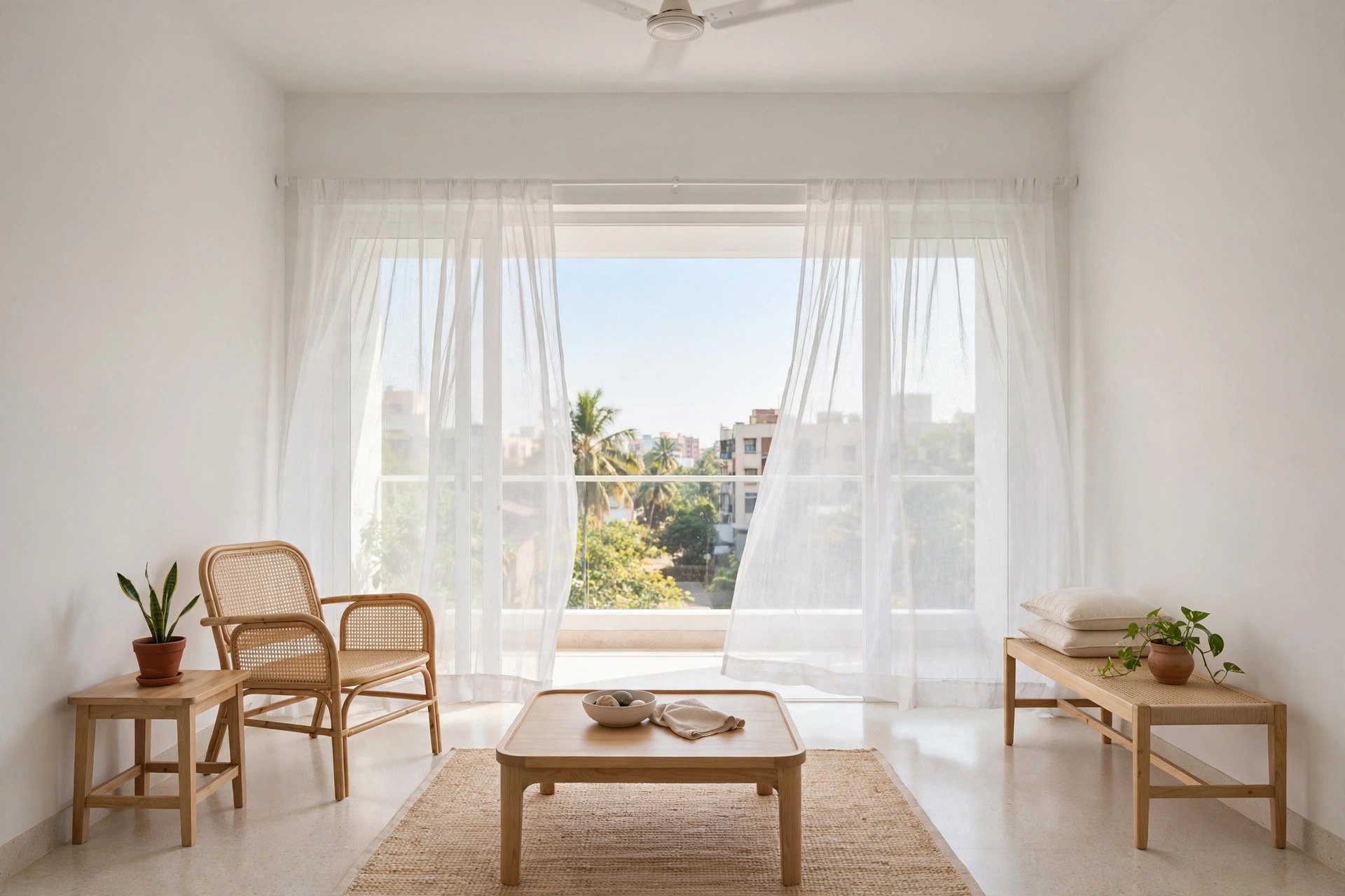 Small hall with sheer curtains, white walls and a flat white ceiling flooded with daylight