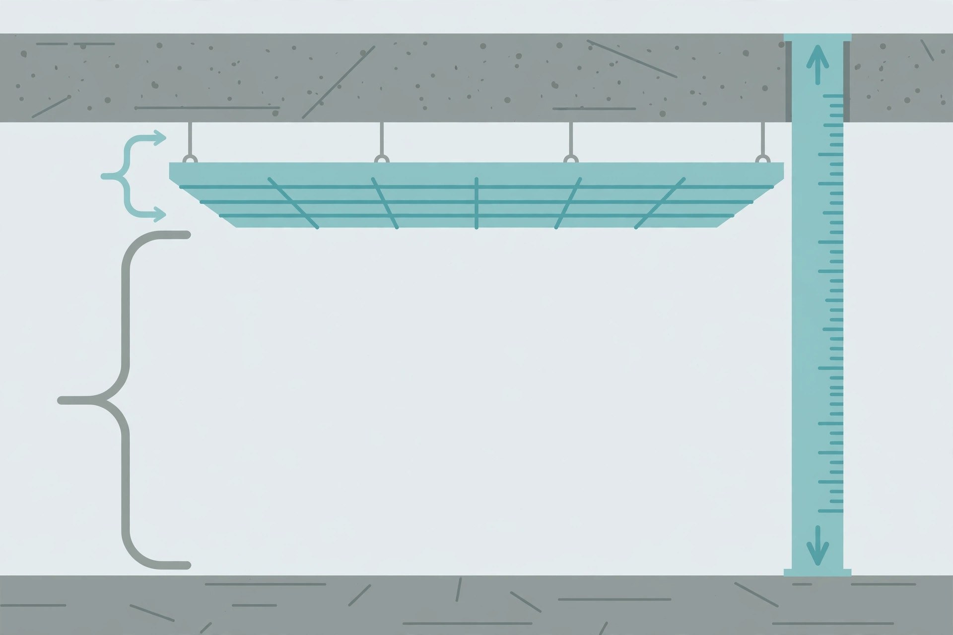 Illustration of measuring slab height and subtracting the planned ceiling drop to check clear height