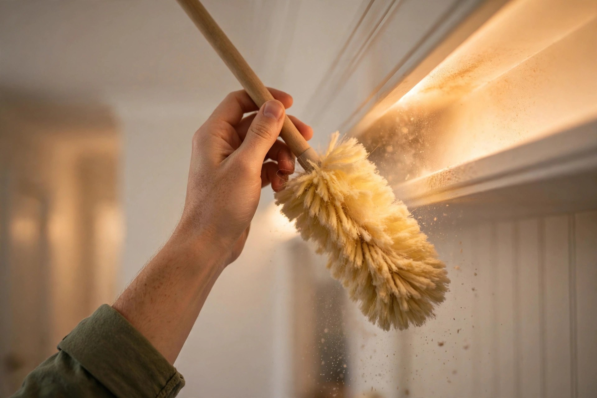 Hand with a long duster cleaning dust from a cove light channel in a small hall