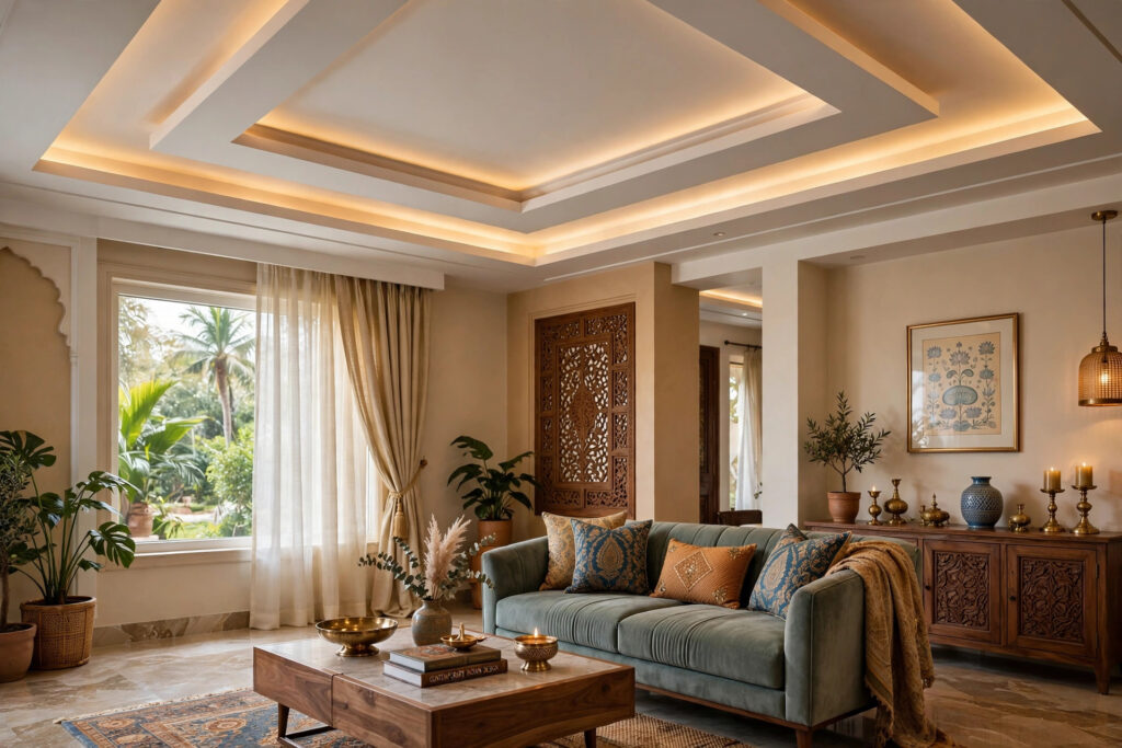 Hall with a gypsum tray false ceiling and warm cove lighting
